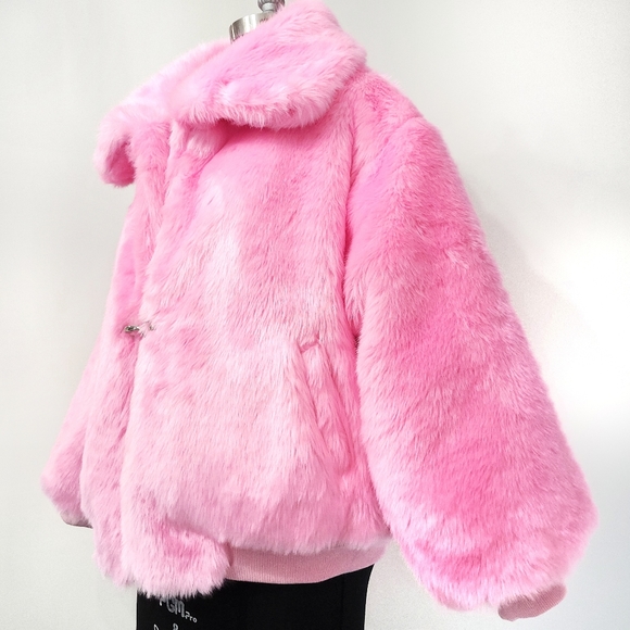 Revolve Brognano Barbiecore Pink Faux Fur Maxamilist Oversized Bomber Jacket - Picture 9 of 10